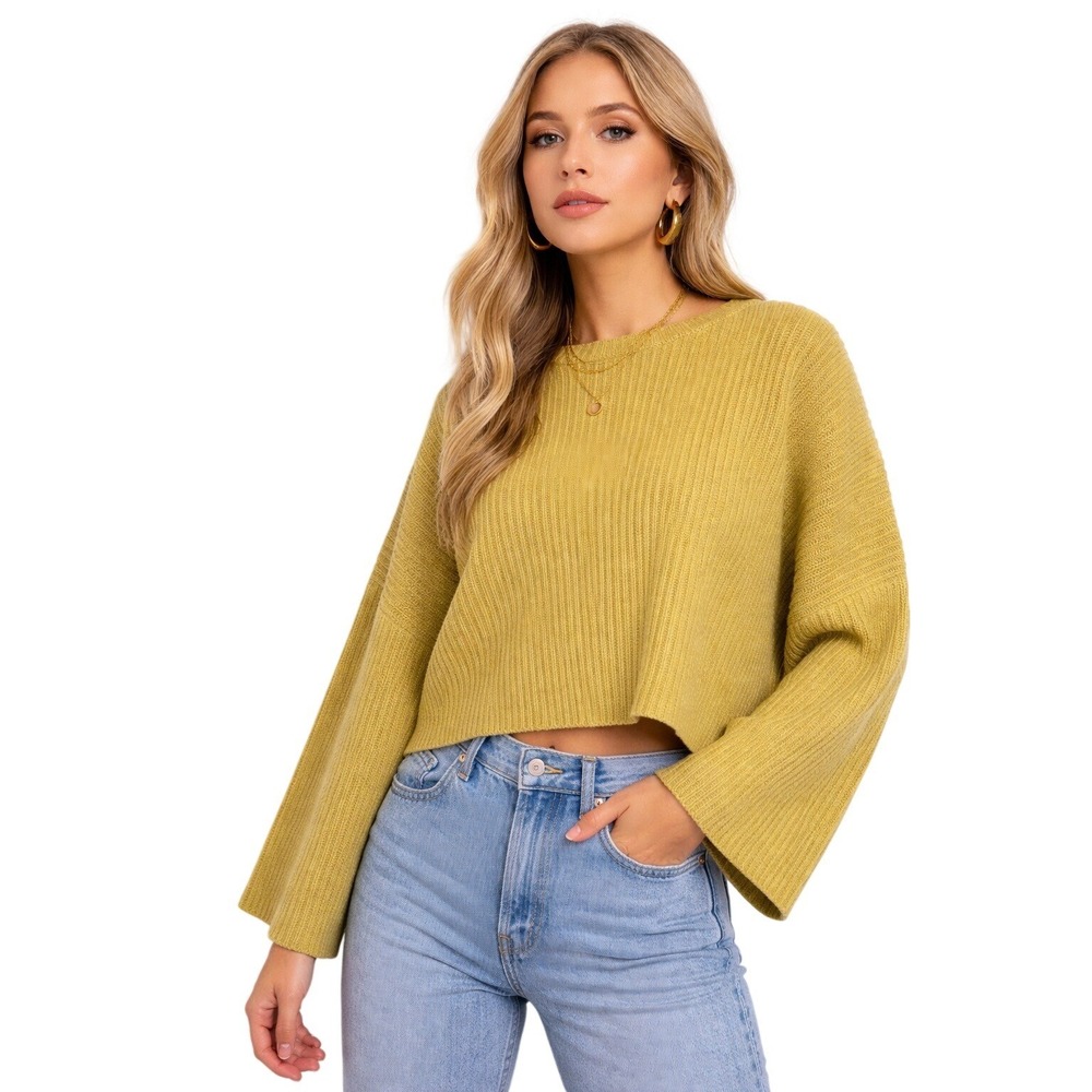 360 CASHMERE Boxy‎ Ribbed Cropped Sweater Chartreuse Knit size XS